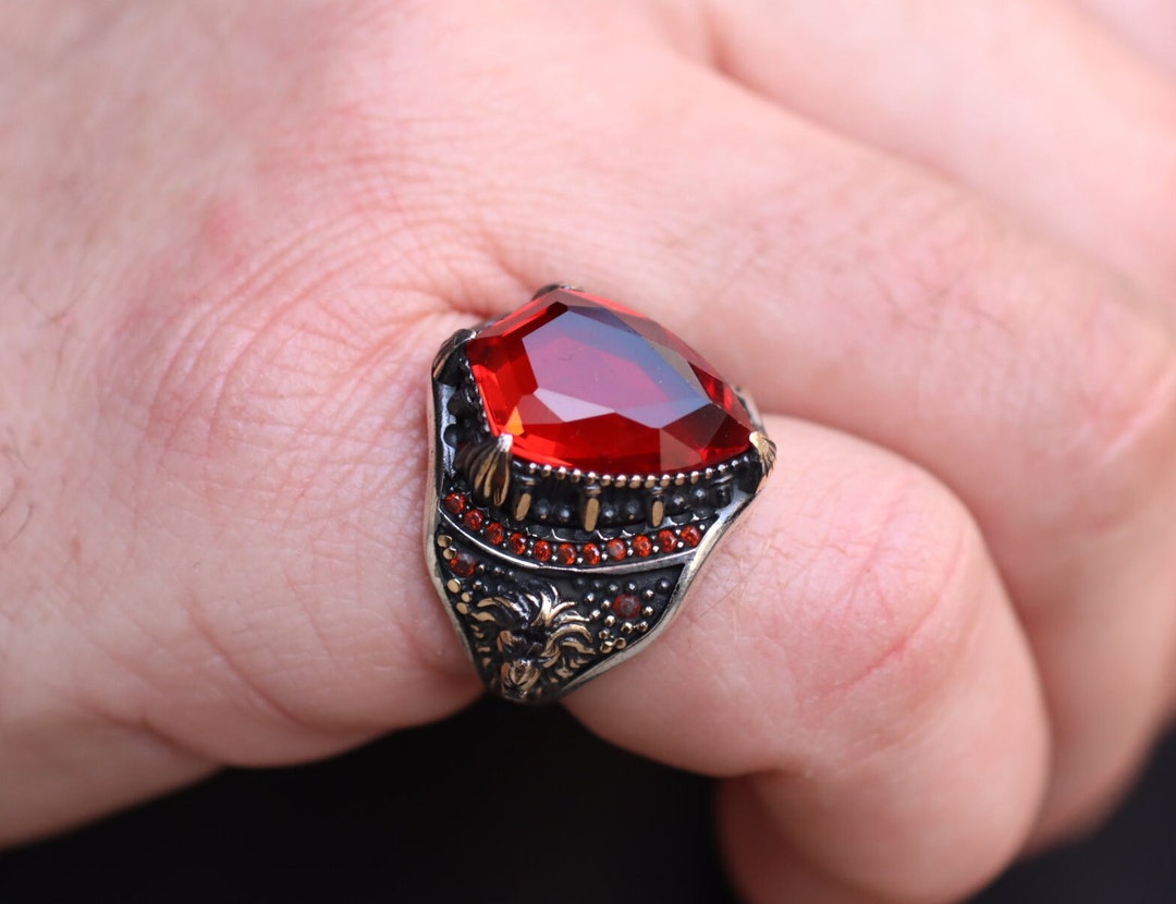Ruby Mens Ring, Handmade Mens Ring, Silver Lion Men's Ring, Gift for Him, Ottoman Silver 925 Men