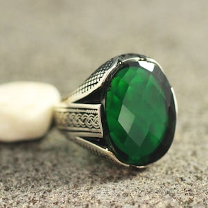 Mens Silver 925 Ring, Emerald Mens Ring, Gift for Him, Ottoman Mens Ring, Sterling Silver 925 Mens Ring, Jewelry, Turkish Mens Ring