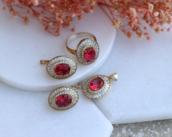 Ruby Handmade Oval Set, Ottoman Style Set, Womens Ruby Set, Ladies Ruby Handmade Set, Gift for Her, Gift for Mom, Mothers Day Gift