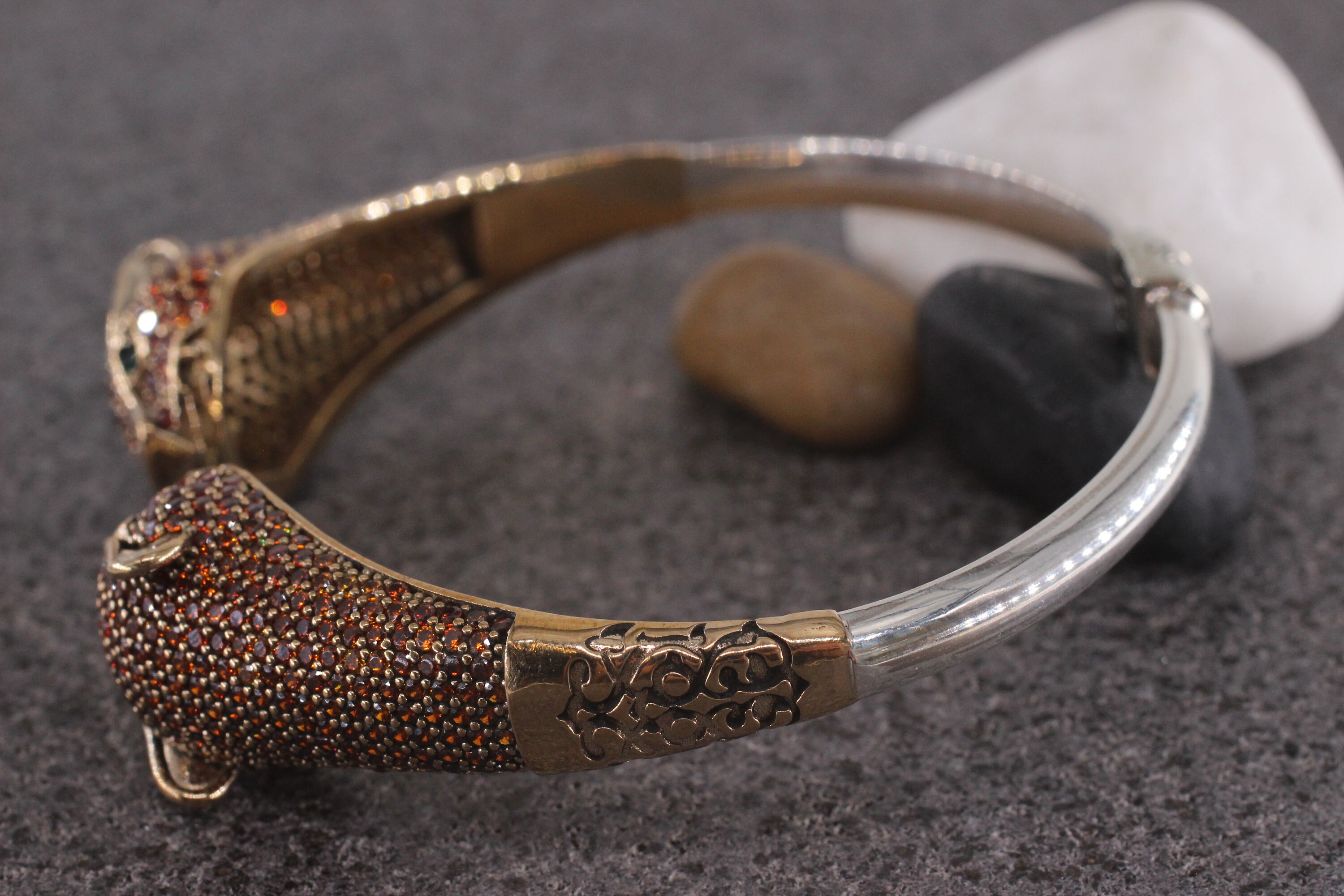 925 Sterling Silver Tiger Bracelet, Turkish Handmade Quartz