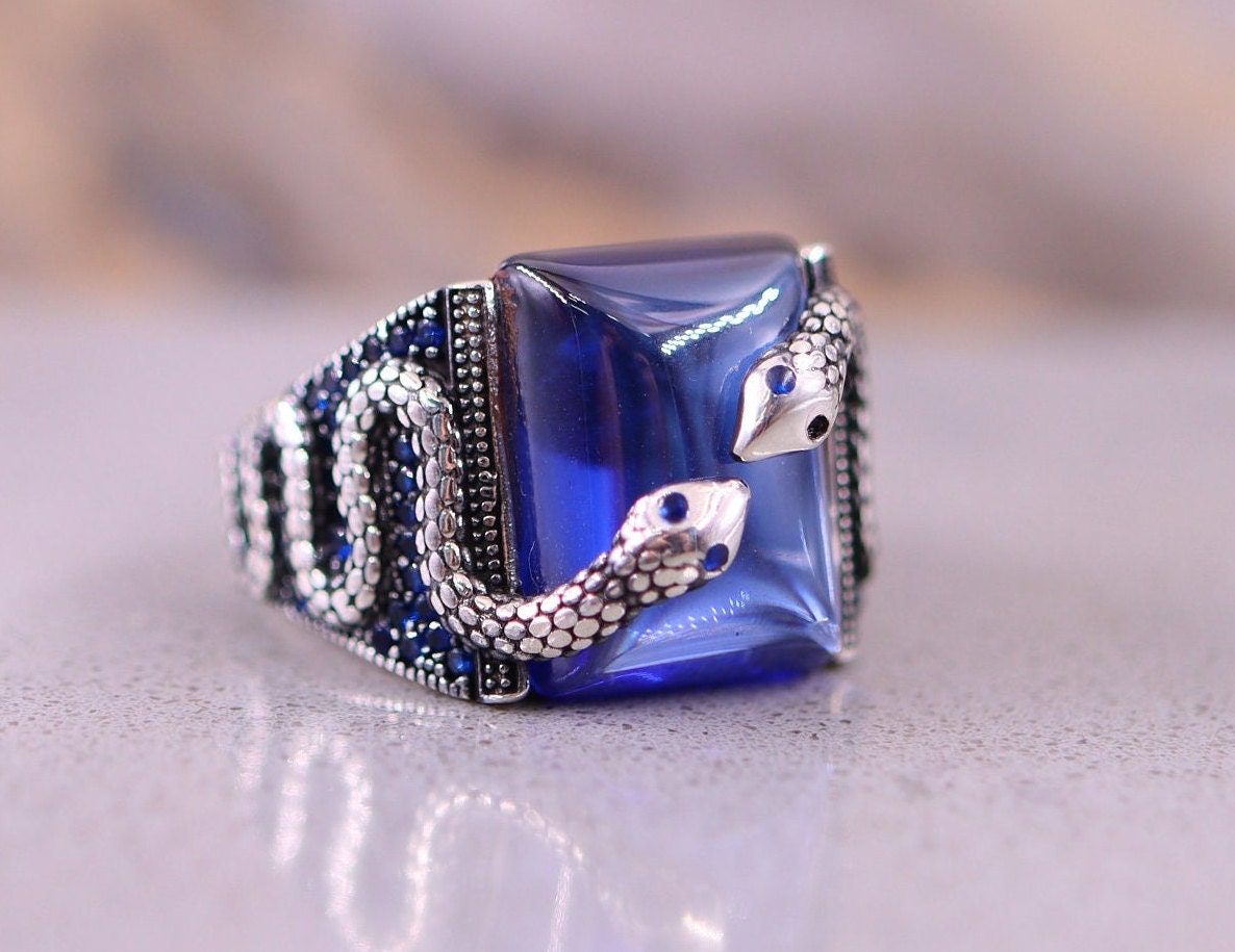Sapphire Mens Ring, Unique Design Snake Mens Ring , Sterling
