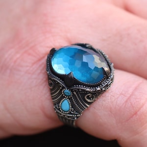 Aquamarine Mens Ring, Silver Mens Ring, Silver 925 Statement Mens Ring, Gift for Him, Gift for Men, Ottoman Mens Ring, Aquamarine Jewelry