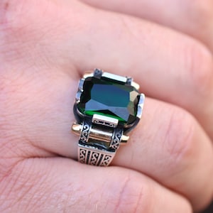 Men&#39;s Handmade Ring, Mens Emerald Silver Ring, Turkish Handmade Emerald Ring, Gift for Him, Ottoman Mens Ring, Emerald Ring, Silver 925 Mens