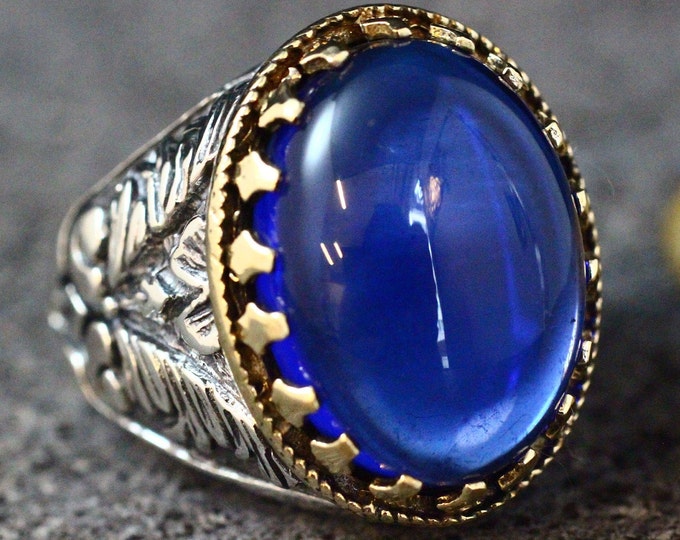 Mens Handmade Silver Sapphire Ring, Ottoman Style Mens Ring, Silver 925