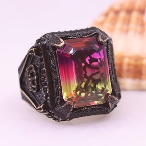 Tourmaline Ring, Mens Handmade Tourmaline Ring, Ottoman Style Tourmaline Ring, Gift for Him, Silver Ring, Square Tourmaline Mens Ring