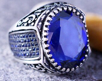 スターリングシルバー 925 サファイア メンズ リング、イエメン メンズ