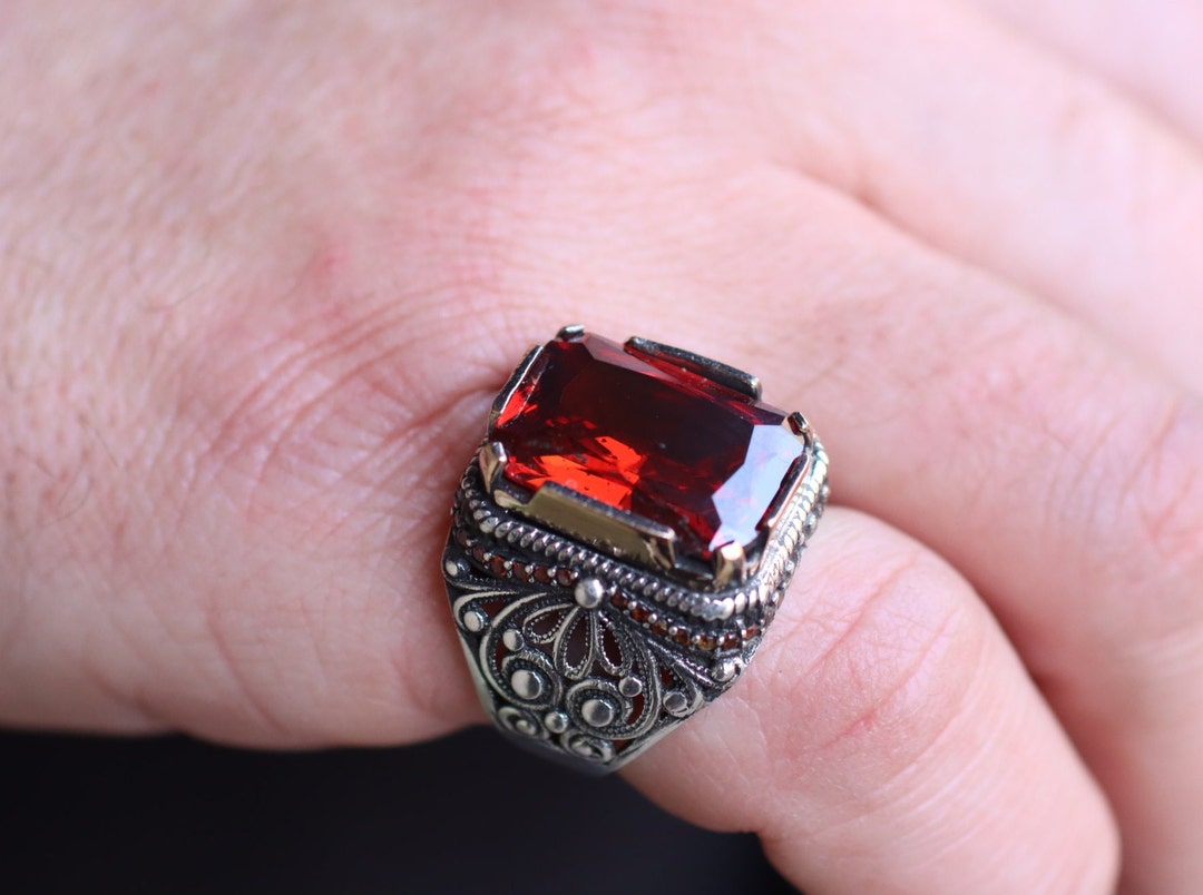 Ruby Statement Mens Ring, Handmade Mens Ring, Silver Men's Ring, Gift for Him, Ottoman Silver