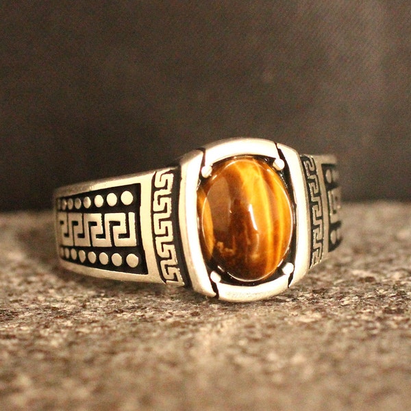 Sterling Silver 925 Handmade Tiger Eye Men's Ring, Ottoman Style Ring, Silver 925 Men Ring,  Gift for Him, Silver Tiger Eye Ring,Ottoman