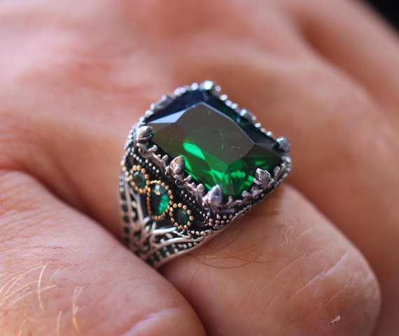 Emerald Ring, Emerald Mens Silver Ring, Modern Emerald Mens Ring
