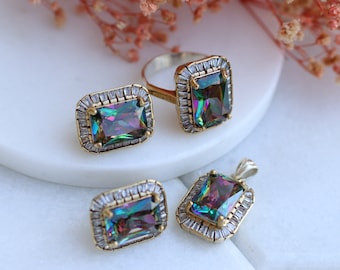 Mystic Topaz Silver Set, Mystic Topaz Ring, Earring, Pendant, Womens Set, Mothers Day Gift, Gift for Her, Silver Ladies Ring, Mystic Topaz