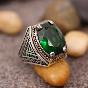 Emerald Mens Ring, Silver 925 Men&#39;s Ring, Mens Ring, Gift for Him, Silver Ring, Ottoman Mens Ring, Mens Jewelry, Gift for Men, Emerald