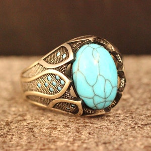 Anillo hecho a mano de plata de ley 925 turquesa, anillo de estilo otomano, anillo de plata 925 hombres, regalo para él, anillo de plata, anillo de estilo otomano