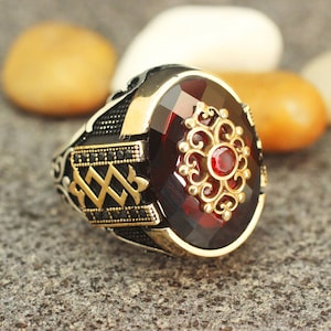 Men&#39;s Handmade Ring, Ruby Men&#39;s Sterling Silver Ring, Ottoman Men&#39;s Ring, Men&#39;s Ring, Gift for Him, Sterling Silver 925 Ruby Men&#39;s Ring