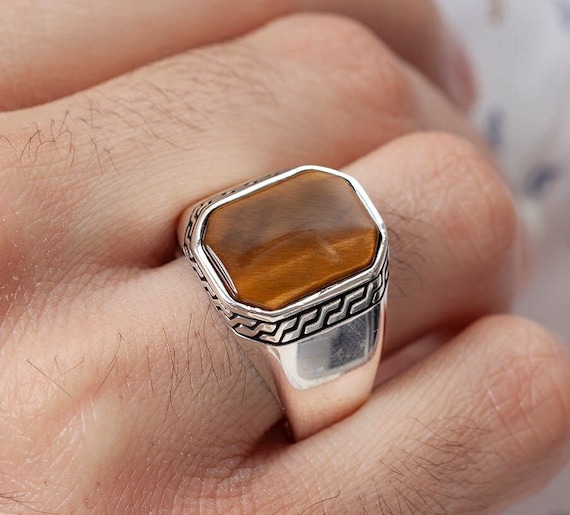 Chevalière oeil de tigre pour homme, bague en argent pour homme