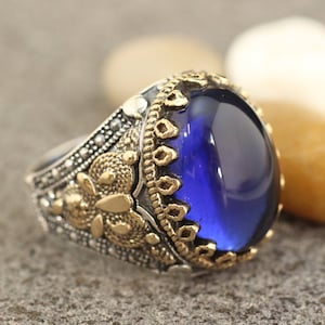 Sterling Silver 925 Sapphire Mens Ring, Mens Ring,Sapphire Mens Ring, Ottoman Man Ring, Gift for Him, Sapphire Jewelry,Valentine&#39;s Day
