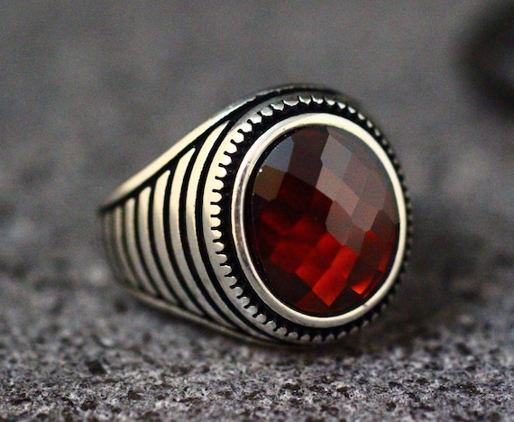 Sterling Silver Men's Bezel Ruby Textured Band Ring Sterling Silver Men's Bezel Ruby Textured Band Ring