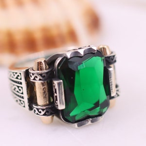 Men&#39;s Handmade Ring, Mens Emerald Silver Ring, Turkish Handmade Emerald Ring, Gift for Him, Ottoman Mens Ring, Emerald Ring, Silver 925 Mens