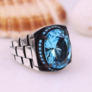 Aquamarine Mens Ring, Gift for Him, Aquamarine Statement Mens Ring, Sterling Silver 925 Mens Ring, Jewelry, Gift for Him, Mens Jewelry