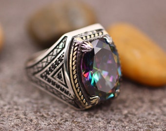 Mystic Topaz Mens Sterling Silver Ring, Mens Handmade Ring, Sterling Silver 925 Mens Handmade Ring, Mystic Topaz Ring, Gift for Him, Gift