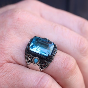 Aquamarine Mens Ring, Silver Mens Ring, Silver 925 Statement Mens Ring, Gift for Him, Gift for Men, Ottoman Mens Ring, Aquamarine Jewelry