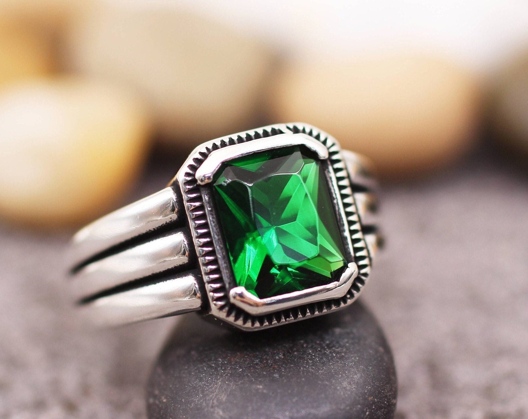 Mens Silver 925 Ring Emerald Mens Ring Mens Ring Etsy