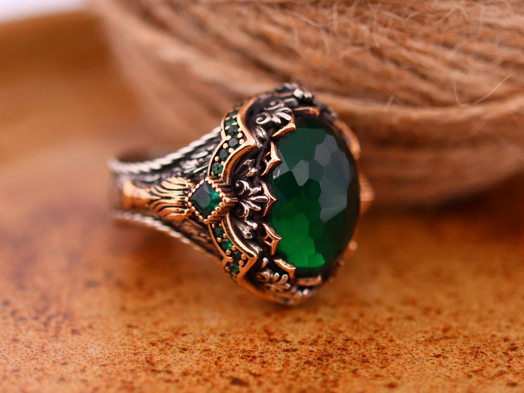 Sterling Silver 925 Emerald Handmade Ring, Ottoman Style Ring