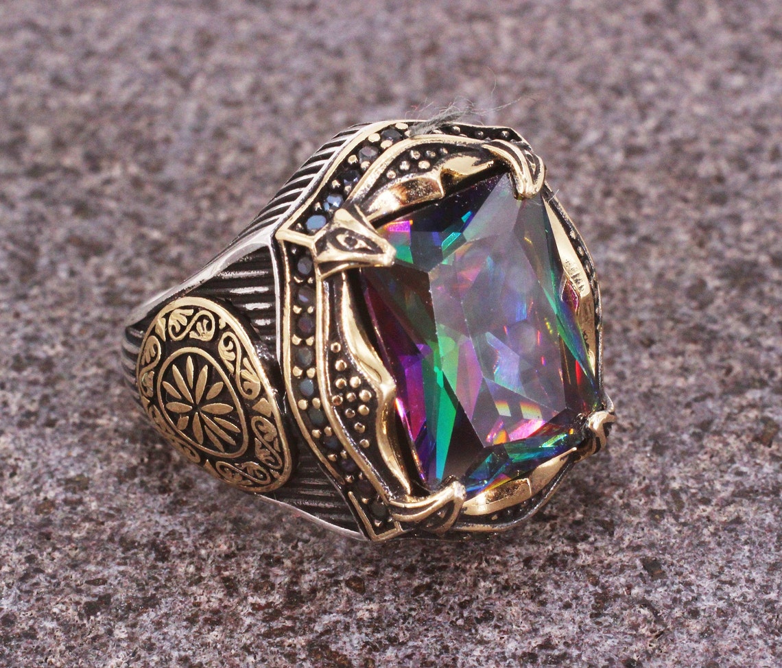 Mystic Topaz Mens Sterling Silver Ring Mens Handmade Ring Etsy