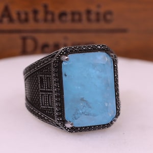 Aquamarine Ring, Aquamarine Mens Silver Ring, Statement Aquamarine Mens Ring, Ottoman Mens Silver Ring, Gift for Him, Gift for Men