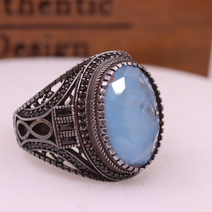 Aquamarine Ring, Aquamarine Mens Silver Ring, Statement Aquamarine Mens Ring, Ottoman Mens Silver Ring, Gift for Him, Gift for Men
