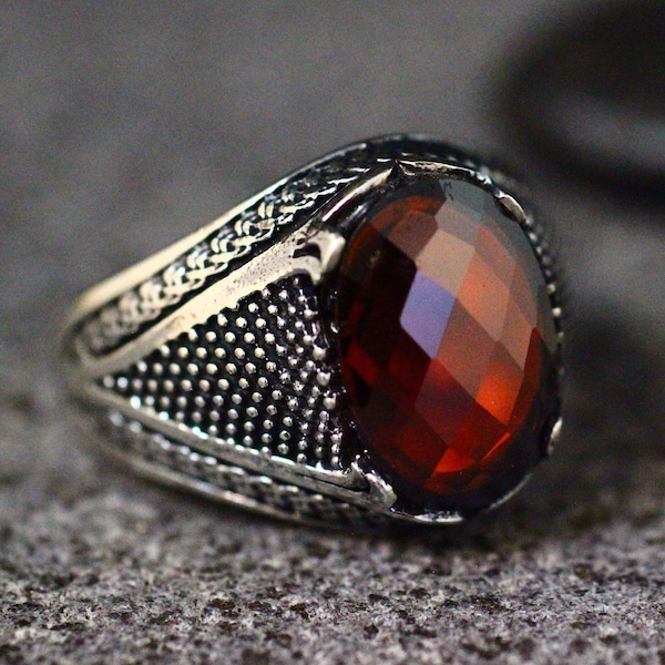Sterling Silver 925 Men's Ring, Ruby Men Ring , Silver Men's Ring, Gift for Him, Ottoman Silver 925 Men Ring, Turkish Handmade Man Ring