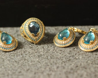 Plata esterlina 925 Aquamarine set hecho a mano, conjunto de estilo otomano, anillo de plata 925, regalo para ella, anillo de plata, anillo de estilo otomano, pendiente