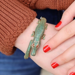 Crocodile Bracelet, Turkish Handmade Crocodile Bracelet, Animal Bracelet, Emerald Bracelet, Bangle, Cuff, Mothers Day Gift, Gift for Her