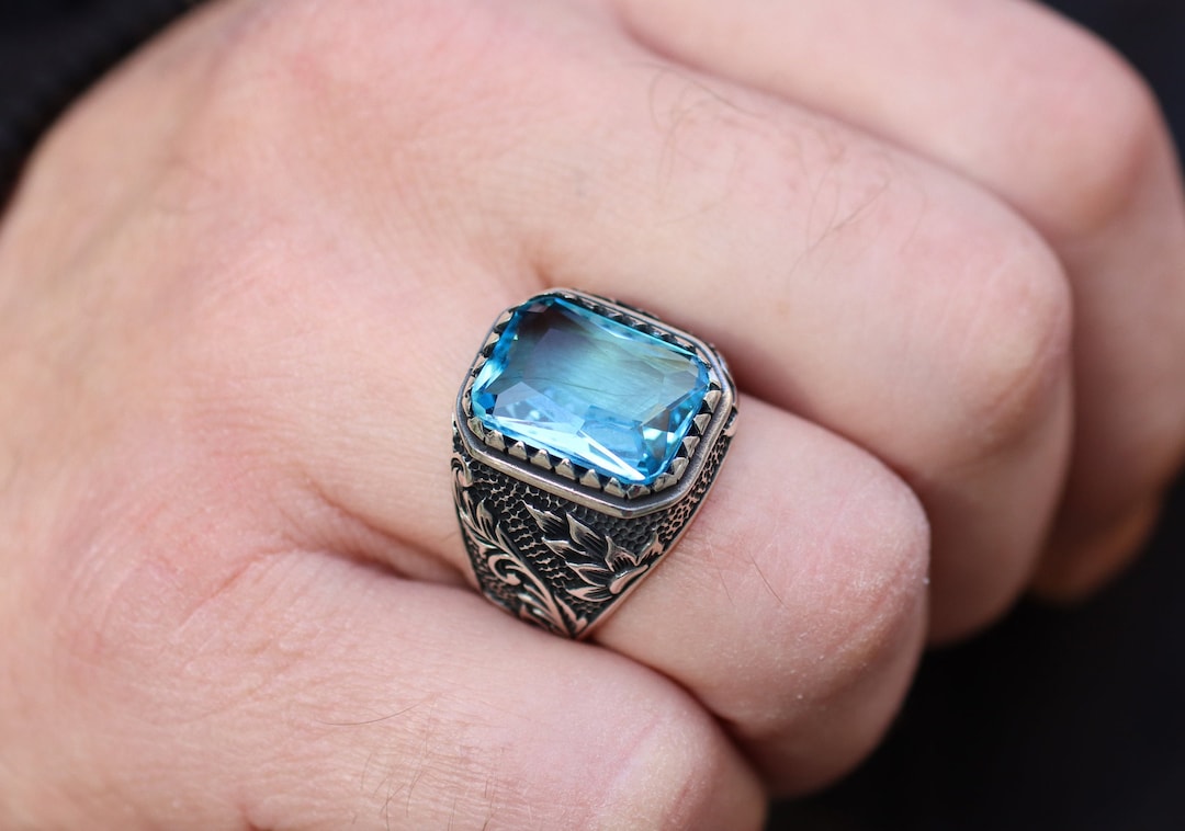 Silver Mens Ring, Aquamarine Handmade Mens Ring, Mens Jewelry, Gift for