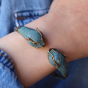 925 Sterling Silver Turquoise Bracelet, Turkish Handmade Bracelet, Silver 925 Animal Tiger Cuff, Turquoise Bracelet, Gift for Mom