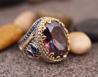 Mystic Topaz Mens Sterling Silver Ring, Mens Handmade Ring, Sterling Silver 925 Mens Handmade Ring, Mystic Topaz Ring, Gift for Him, Gift