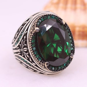 Emerald Mens Ring, Gift for Him, Ottoman Mens Ring, Sterling Silver 925 Mens Ring, Mens Jewelry, Turkish Mens Ring, Ottoman Emerald Mens