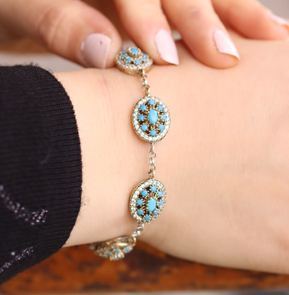 925 Sterling Silver Turquoise Bracelet, Turkish Handmade Bracelet