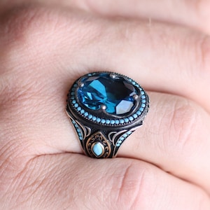 Aquamarine Mens Ring, Gift for Him, Statement Aquamarine Mens Ring, Sterling Silver 925 Mens Ring, Jewelry, Silver Mens Ring, Gift for Him