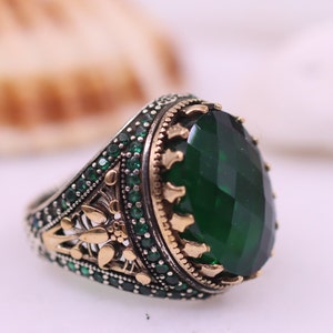 Men&#39;s Handmade Ring, Mens Emerald Silver Ring, Turkish Handmade Emerald Ring, Gift for Him, Ottoman Mens Ring, Emerald Ring, Silver 925 Mens