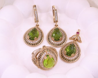 Conjunto de peridoto, conjunto de joyas de plata de ley 925, conjunto otomano de peridoto, conjunto turco auténtico, conjunto de joyas para mujeres, regalo del Día de las Madres