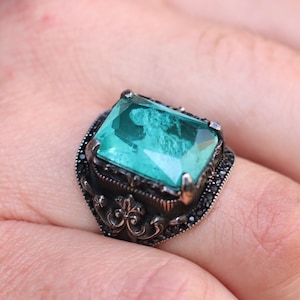 Aquamarine Mens Ring, Silver Mens Ring, Silver 925 Statement Mens Ring, Gift for Him, Gift for Men, Ottoman Mens Ring, Aquamarine Jewelry