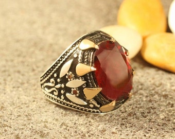 Mens Ring, Ruby Mens Sterling Silver Ring, Sterling Silver 925 Mens Ring, Ruby Mens Ring ,Ottoman Ring, Jewelry, Gift for Him, Handmade Ring