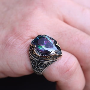 Mystic Topaz Mens Sterling Silver Ring, Mens Silver Ring, Sterling Silver 925 Mens Handmade Ring, Mystic Topaz Ring, Gift for Him, Gift