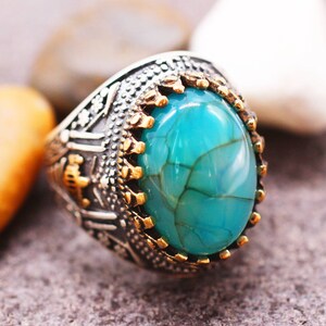 Plata de ley 925 turquesa hecho a mano anillo, anillo de estilo otomano, plata 925 anillo de hombres, regalo para él, anillo de plata, anillo de hombre águila, turquesa
