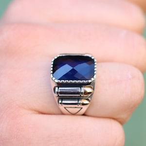 Sapphire Mens Ring, Sterling Silver 925 Mens Handmade Ring, Bullet Mens Ring, Gift for Him, Sapphire Jewelry, Statement Silver Mens Ring