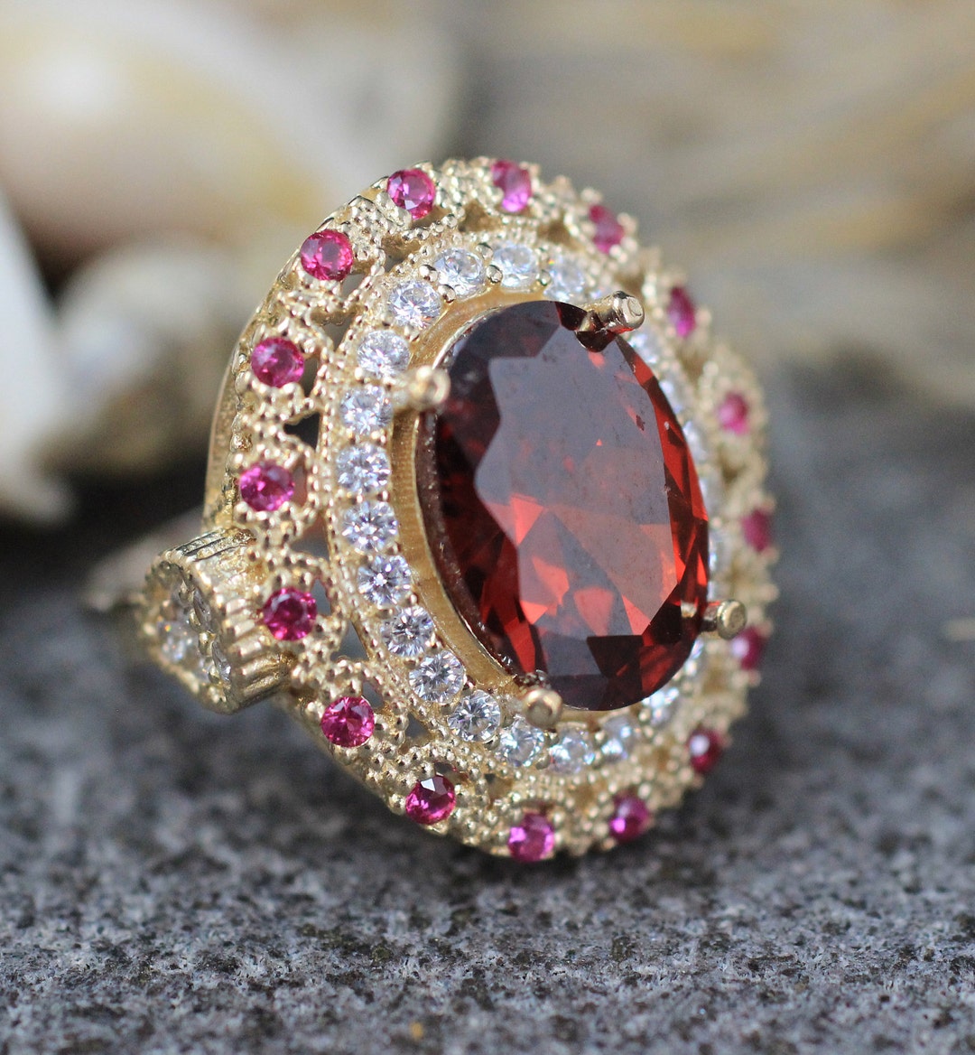 Sterling Silver 925 Ruby Zircon Handmade Ring, Ottoman Style