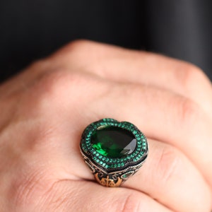 Emerald Mens Ring, Ottoman Handmade Mens Ring, Silver Men&#39;s Ring, Gift for Him, Ottoman Silver 925 Men Ring, Emerald Jewelry, Gift for men