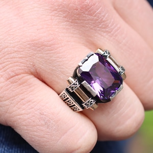 Mens Handmade Ring, Amethyst Mens Ring, Turkish Handmade Silver Amethyst Mens Ring, Gift for Him, Gift for Men, 925 Silver Mens Ring, Gift