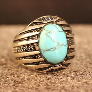 Anillo hecho a mano de plata de ley 925 turquesa, anillo de estilo otomano, anillo de plata 925 hombres, regalo para él, anillo de plata, anillo de estilo otomano