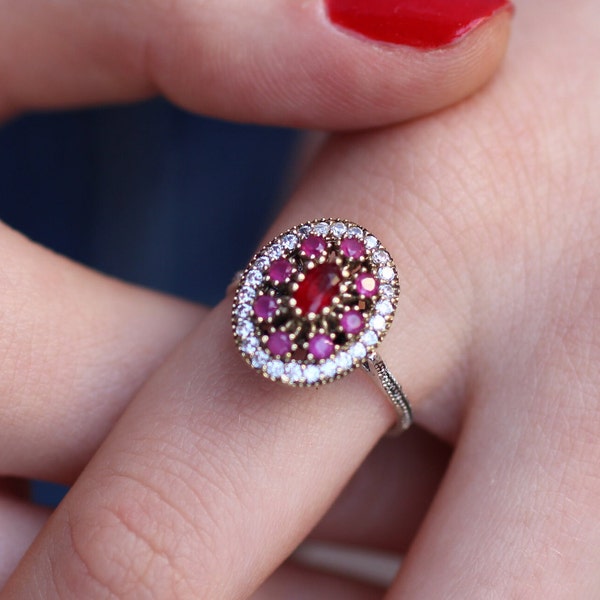 Ruby Zircon Handmade Silver Ring, Ottoman Style Ring, Oval Ruby Handmade Ring, Gift for her, Silver Ring, Ottoman Style Ring, Mothers Day